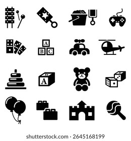 A collection set of black icons for children's toys. Children's toys solid icons set – playful, filled, kid activity symbols. toys icon set. Vector Illustration.