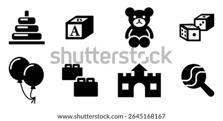 A collection set of black icons for children's toys. Children's toys solid icons set – playful, filled, kid activity symbols. toys icon set. Vector Illustration.