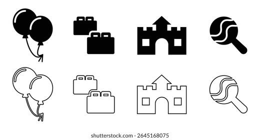 A collection set of black outline and solid icons for children's toys. Children's toys outline and solid icons set – playful, filled, kid activity symbols. toys icon set. Vector Illustration.