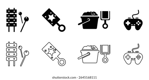 A collection set of black outline and solid icons for children's toys. Children's toys outline and solid icons set – playful, filled, kid activity symbols. toys icon set. Vector Illustration.