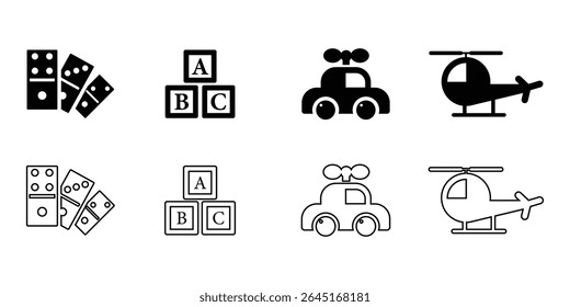 A collection set of black outline and solid icons for children's toys. Children's toys outline and solid icons set – playful, filled, kid activity symbols. toys icon set. Vector Illustration.