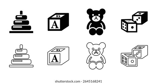 A collection set of black outline and solid icons for children's toys. Children's toys outline and solid icons set – playful, filled, kid activity symbols. toys icon set. Vector Illustration.