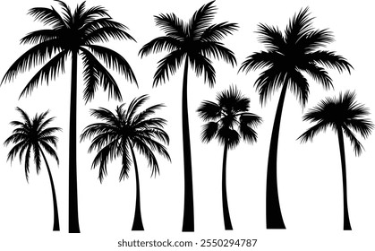 Collection set of black palm tree silhouettes isolated on white background