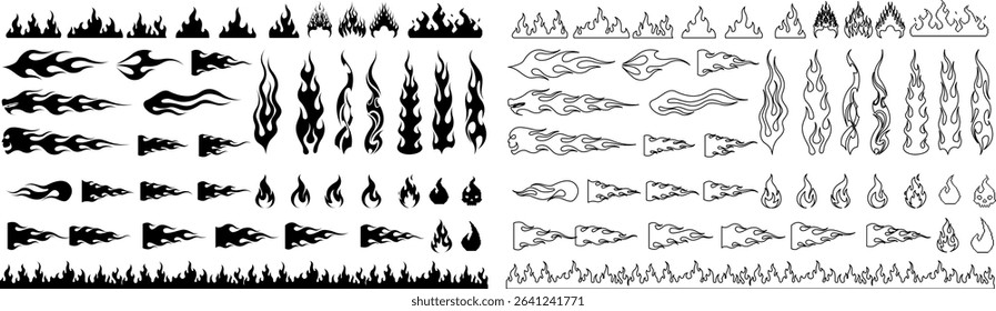 Collection set of black silhouette flame designs. Vector illustration