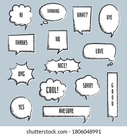 collection set of black and white hand drawing speech bubble balloon, think speak talk text box, banner, flat vector illustration design