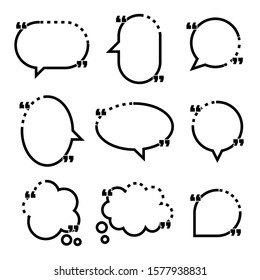 collection set of black and white line frame border, blank speech bubble balloon with quotation mark, think, speak, talk, text box, banner, flat design vector illustration