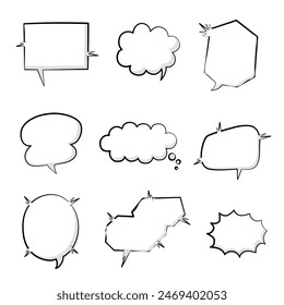 collection set of black and white speech bubble balloon, think speak talk text box banner, flat design vector illustration