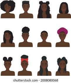 Collection Set Of Black Woman Hair Styles. Curly Textured Afro Hair Braids Dreads For Women Illustrations Vectors