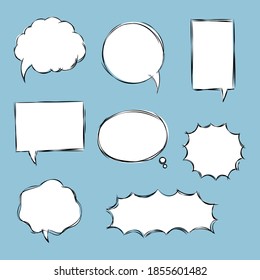 conjunto de colecciones globo de burbuja de voz de dibujo de mano blanca y negra en blanco, cuadro de texto de palabra de habla, pancarta, diseño de ilustración vectorial plana