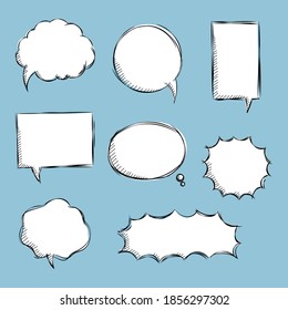 Kollektionssatz leerer schwarz-weißer Hand Zeichnen Sprechblase Ballon, Thread-Sprechtext-Box, Banner, flache Vektorgrafik-Design