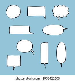 conjunto de colecciones globo de burbuja de voz de dibujo de mano blanca y negra en blanco, cuadro de texto de palabra de habla, pancarta, diseño de ilustración vectorial plana