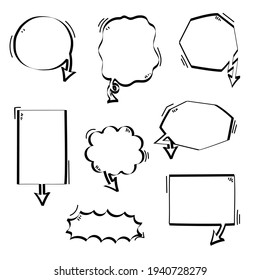 collection set of blank black and white hand drawing speech bubble balloon, think speak talk text box, banner, flat vector illustration design
