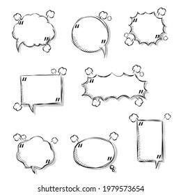 conjunto de colecciones globo de burbuja de voz de dibujo de mano blanca y negra en blanco, cuadro de texto de palabra de habla, pancarta, diseño de ilustración vectorial plana