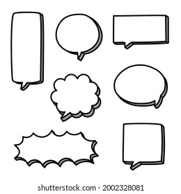 collection set of blank black and white hand drawing speech bubble balloon, think speak talk text box, banner, flat vector illustration design