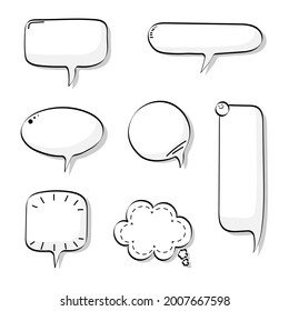 collection set of blank black and white hand drawing speech bubble balloon, think speak talk text box, banner, flat vector illustration design