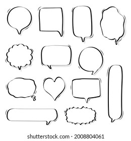 collection set of blank black and white hand drawing speech bubble balloon, think speak talk text box, banner, flat vector illustration design