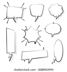 collection set of blank  black and white hand drawing speech bubble balloon, think speak talk text box, banner, flat vector illustration design