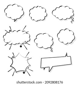 collection set of blank  black and white hand drawing speech bubble balloon, think speak talk text box, banner, flat vector illustration design