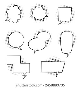 collection set of blank black and white pop art polka dots halftone speech bubble balloon, think speak talk whisper text box, flat vector illustration design isolated