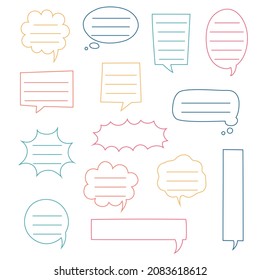 conjunto de colecciones globo de burbuja de voz de dibujo a mano en blanco, caja de texto de charla de tipo "think talk", panner, diseño de ilustración de vector plano