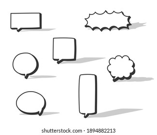 conjunto de colecciones de globo de burbuja de voz dibujado a mano en blanco con sombra, pensar hablar hablar susurro caja de texto, diseño de ilustración vectorial plana aislado