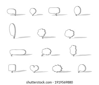 collection set of blank hand drawn speech bubble balloon with shadow, think speak talk whisper text box, flat vector illustration design isolated