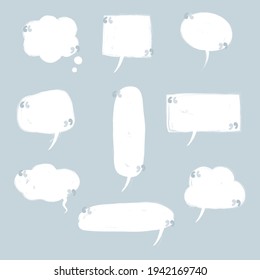 collection set of blank hand drawn speech bubble balloon with quotation marks, think speak talk whisper text box, flat vector illustration design isolated