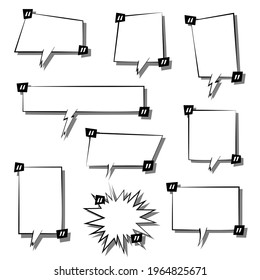 collection set of blank hand drawn speech bubble balloon with quotation marks and shadow, think speak talk whisper text box, flat vector illustration design isolated