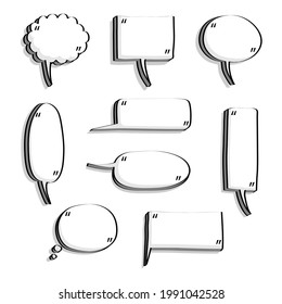 collection set of blank hand drawn speech bubble balloon with quotation marks, think speak talk whisper text box, flat vector illustration design isolated