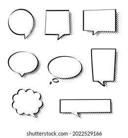 conjunto de colecciones de arte pop en blanco medio tono polka punto globo de burbuja de voz, pensar, hablar, hablar, cuadro de texto, cartel, plano, diseño, ilustración vectorial