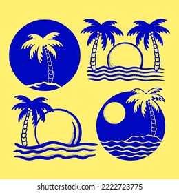 Colección conjunto logotipo de playa azul Ilustración dibujo a mano coloreado para tatuajes, pegatinas, etc