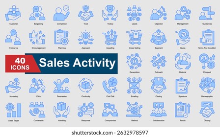 Um conjunto de coleta de ícones azuis da Atividade de Vendas. Inclui conversão, clientes potenciais, confiança, fechamento, acompanhamento e muito mais. Perfeito para ilustração e design.