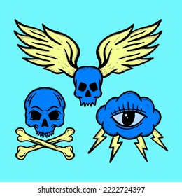 Collection set blue skull Illustration hand drawn sketch colorful for tattoo, stickers, etc