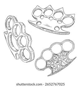 collection set brass knuckle vector sketch line art hand drawn illustration