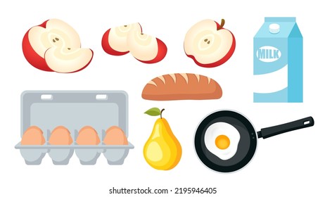 Sammlung Set von Frühstückskost Objcet frittierte Eimilch Apfelbirne