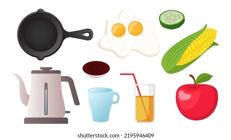 Collection set of breakfast food objcet fried egg apple juice corn cucumber