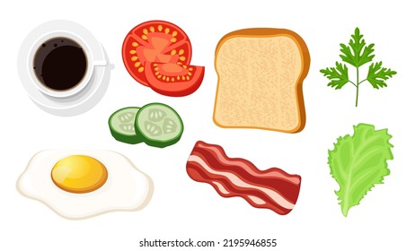 Collection set of breakfast object coffee fried egg bacon tomato cucumber vegetable toast