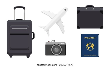 Collection set of business travel object luggage airplane camera passport suitcase