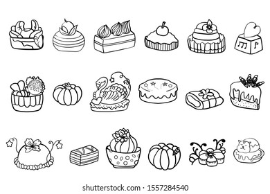 A collection or set of cakes Mousse, Chocolate, Biscuit, Japanese traditional sweets made from rice or sweet beans. Coloring page adult and kids. Sweet pastries. - Vector. Vector illustration