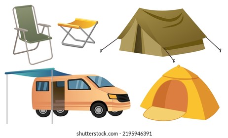 Colección conjunto de objetos de acampada silla plegable SUV coche