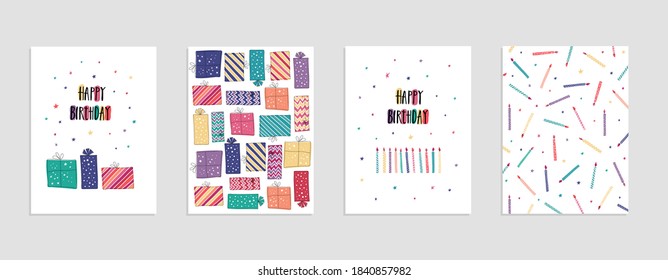 Collection of a set of cards and invitations, multicolored in doodle and freehand drawing style. Gift box, candles and lettering with the inscription Happy Birthday. Greeting Cards. Confetti stars.