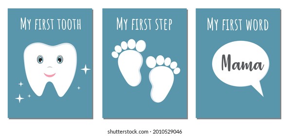 Collection, Set Of Cards Or Posters About Baby First With Quotes First Word, First Step, First Tooth. For Baby Albums, Greeting Card, Baby Shower Gift. Cards For Little Boy.