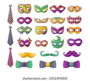 Colección o conjunto de máscaras y corbatas de carnaval, bigotes y arcos. Ropa y accesorios para hombre. Vestido y decoración para traje de caballero para eventos especiales y ocasionales. Vector en estilo plano