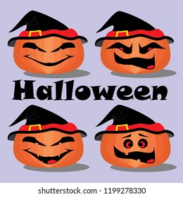 Collection, set. Cartoon character, seasonal collection. Haalloween pumpkins isolated on purple background. Vector illustration