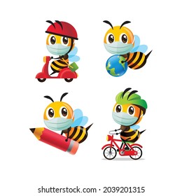 Collection set of cartoon cute bee wearing face mask holding different items in new normal activities. Vector mascot set