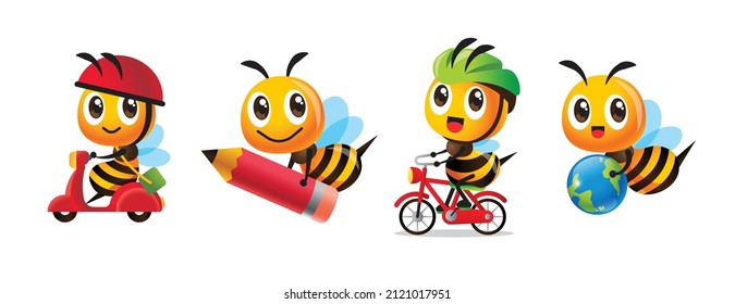 Collection set of cartoon cute honey bee with different pose such as riding scooter, holding pencil and globe, riding bicycle. Character set