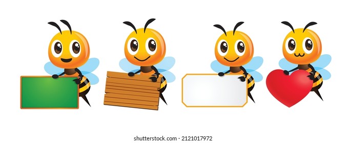 Collection set of cartoon cute honey bee holding different empty signboard such as blackboard, wooden board and heart shape sign. Character set