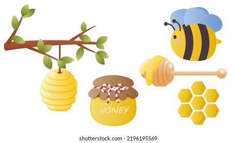 Collection set of cartoon cute honey object bee honeycomb tree branch honey beehive