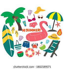 Collection set cartoon cute summer vacation. for sticker, fabric print, icon, label, tag.