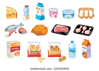 Collection, set of cartoon food and drink vector icons supermarket  merchandise assortment isolated. Food and meal clipart illustration. Collage of grocery food icons. Healthy eating diet, ration.